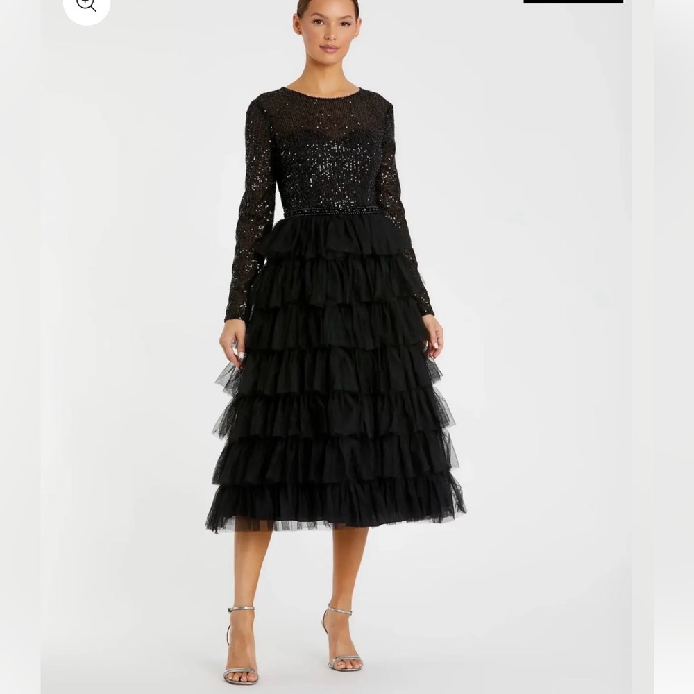 Mac Duggal Black Long Sleeve Ruffle Tiered Midi Dress